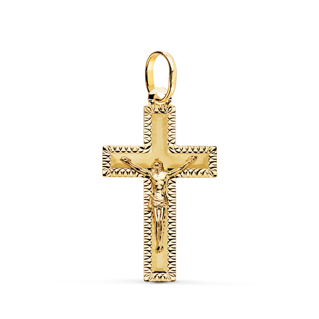 18K CRUZ ORO AMARILLO CON CRISTO TALLADA 27 X 16 MM