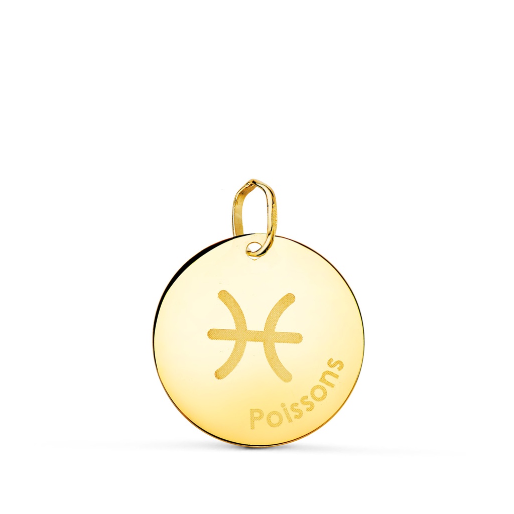 18K COLGANTE ORO AMARILLO HOROSCOPO PISCIS EN FRANCES BRILLO 16 MM