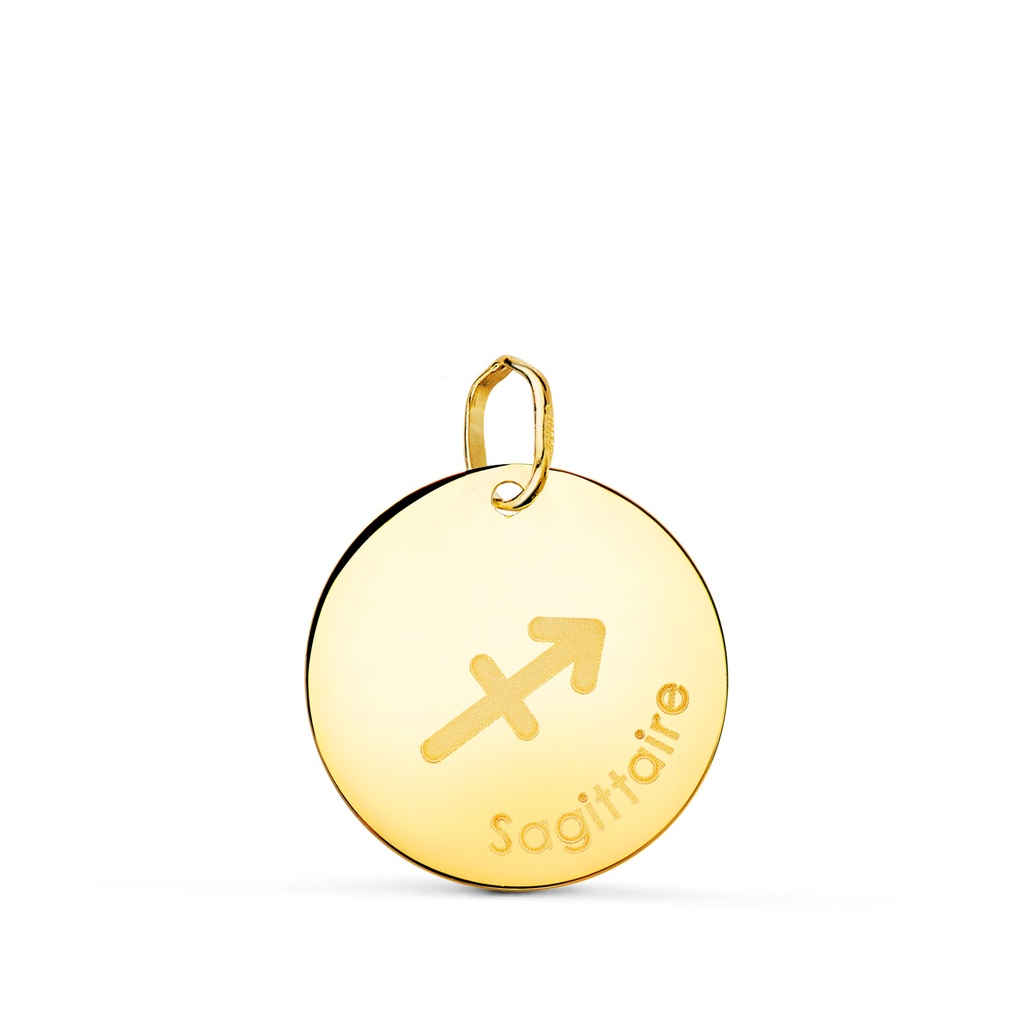 18K COLGANTE ORO AMARILLO HOROSCOPO SAGITARIO EN FRANCES BRILLO 16 MM