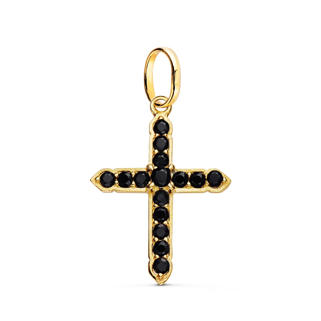18K CRUZ ORO AMARILLO CON 15 CIRCONITAS NEGRAS EN GARRAS. 24 X 18 MM
