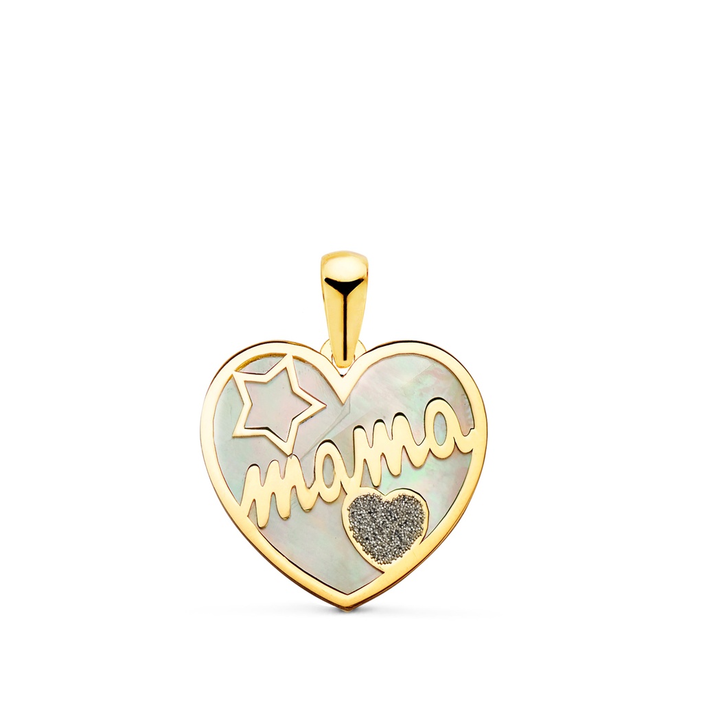 18K COLGANTE DE CORAZON CON NACAR MAMA Y POLVO DE DIAMANTE 16X14MM