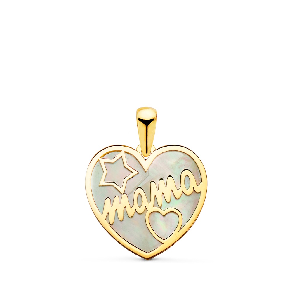 18K COLGANTE DE CORAZON CON NACAR MAMA Y DIBUJO DE ESTRELLA Y CORAZON 16X14MM