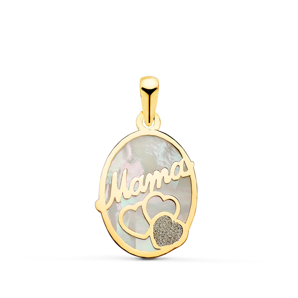 18K COLGANTE DE NACAR OVAL MAMA CON CORAZONES Y POLVO DE DIAMANTE 17X13MM
