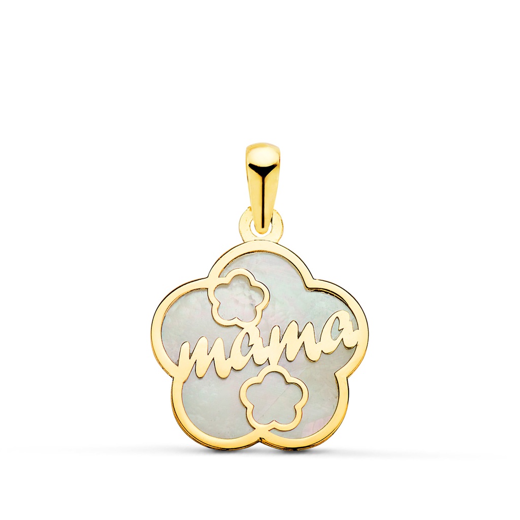 18K COLGANTE DE NACAR FORMA DE FLOR Y MAMA CON CORAZONES 15X15MM