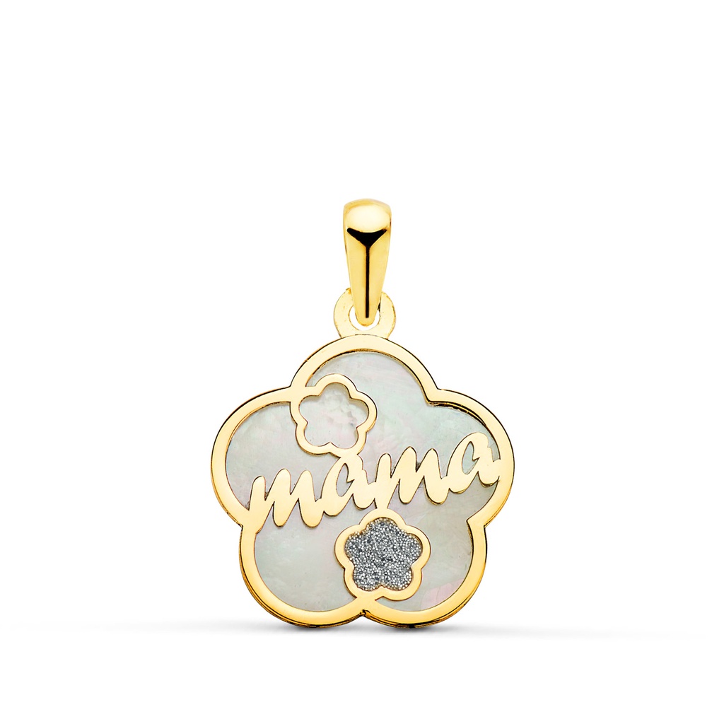 18K COLGANTE DE NACAR FORMA DE FLOR Y MAMA CON CORAZON Y POLVO DIAMANTE 15X15MM