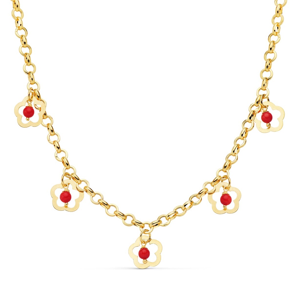 18K GARGANTILLA FLORES 12 MM CORAL CADENA 50 CM