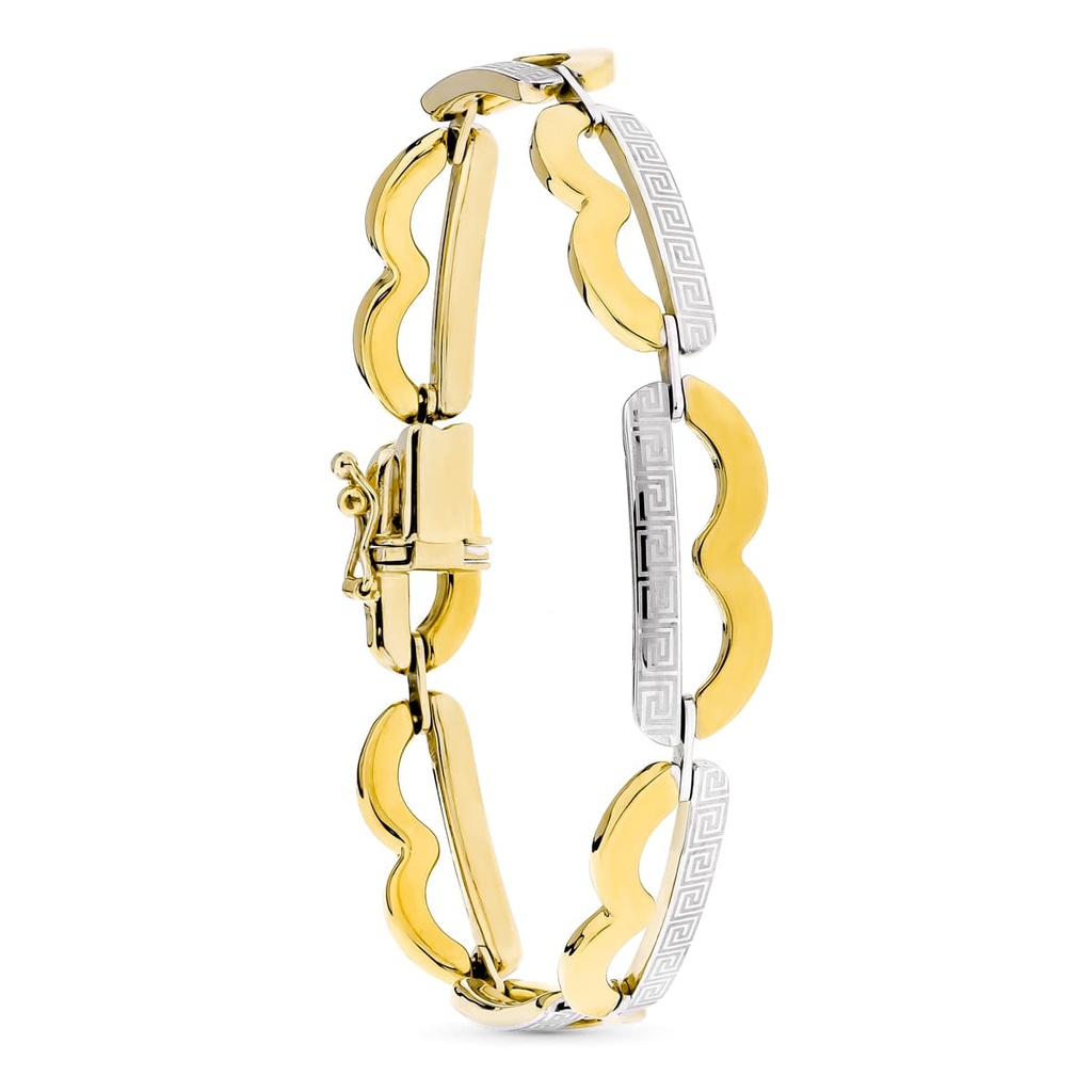 18K PULSERA ORO BICOLOR ESLABON LOBULOS CON GRECA