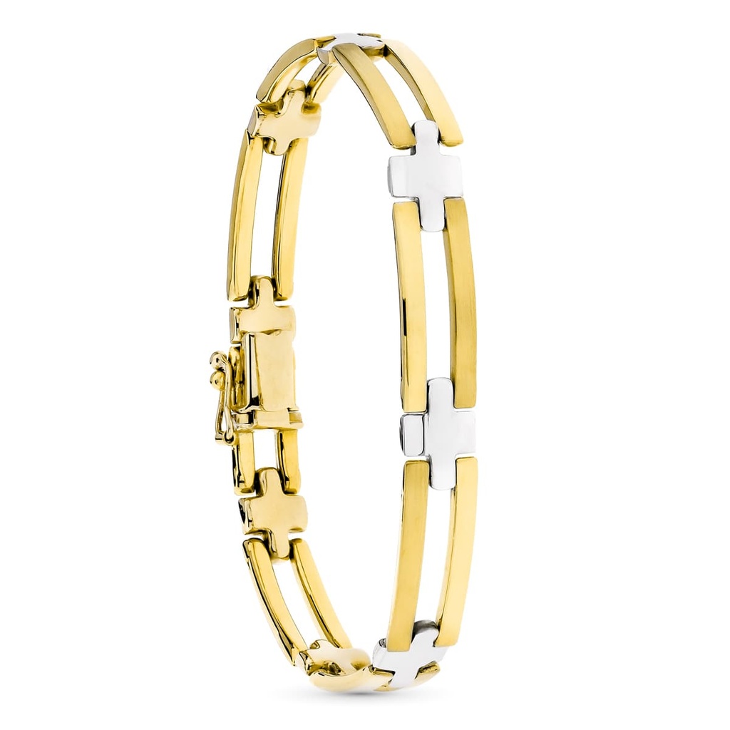 18K PULSERA ORO BICOLOR ESLABONES BARRAS Y CRUCES MATE Y BRILLO