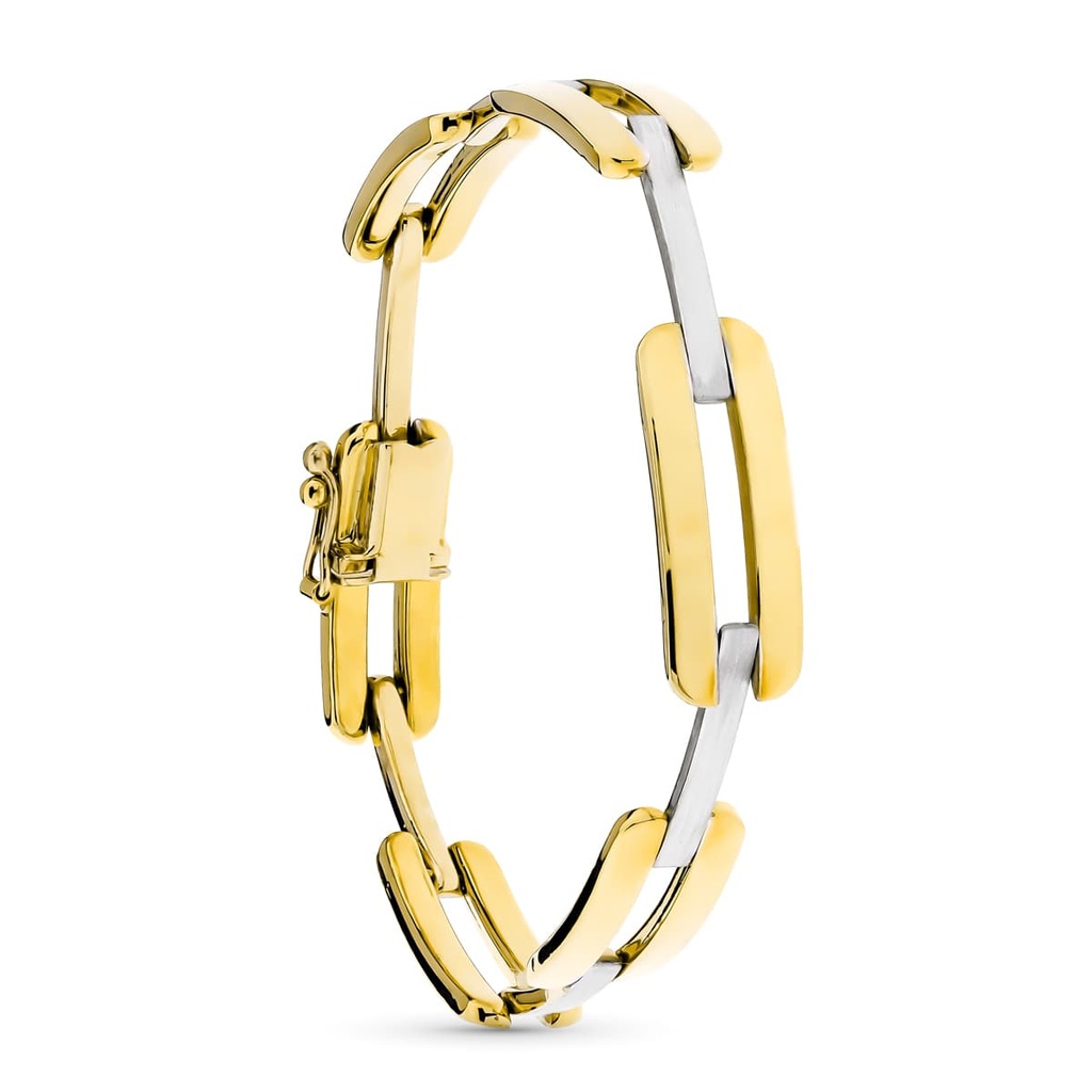 18K PULSERA ORO BICOLOR ESLABON RECTANGULAR Y BARRAS MATE Y BRILLO
