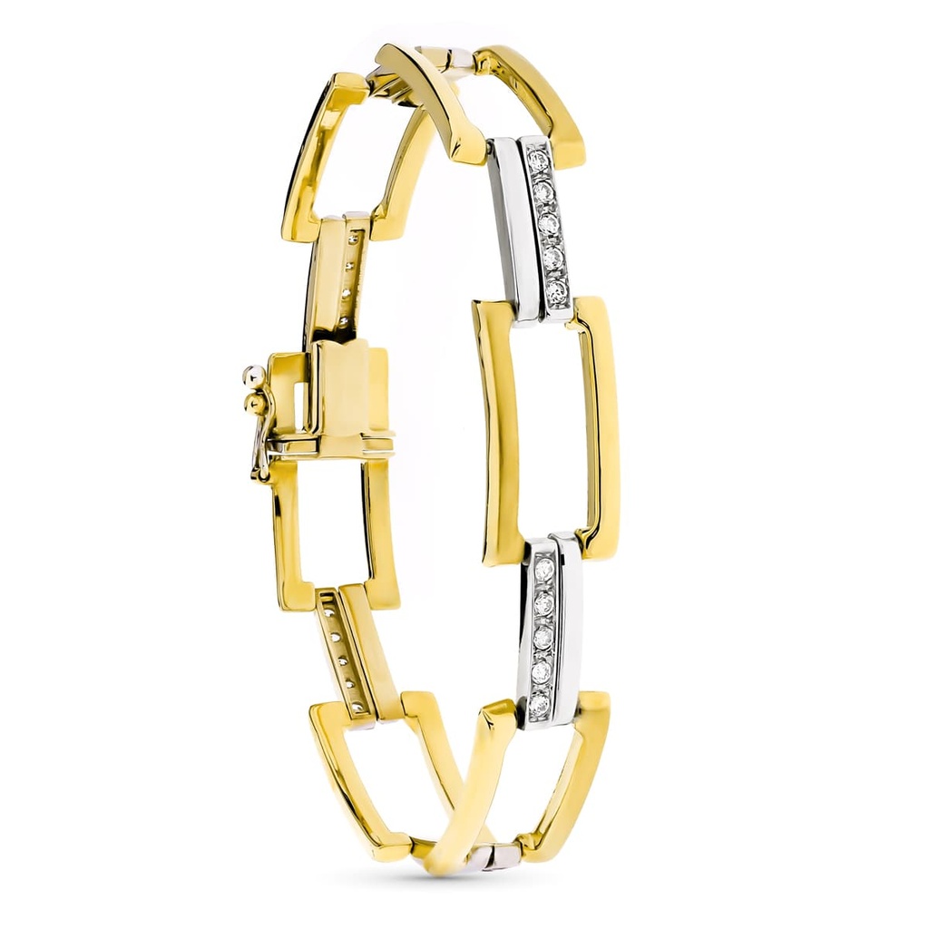 18K PULSERA ORO BICOLOR RECTANGULOS Y BARRAS CON CIRCONITAS 20 CM