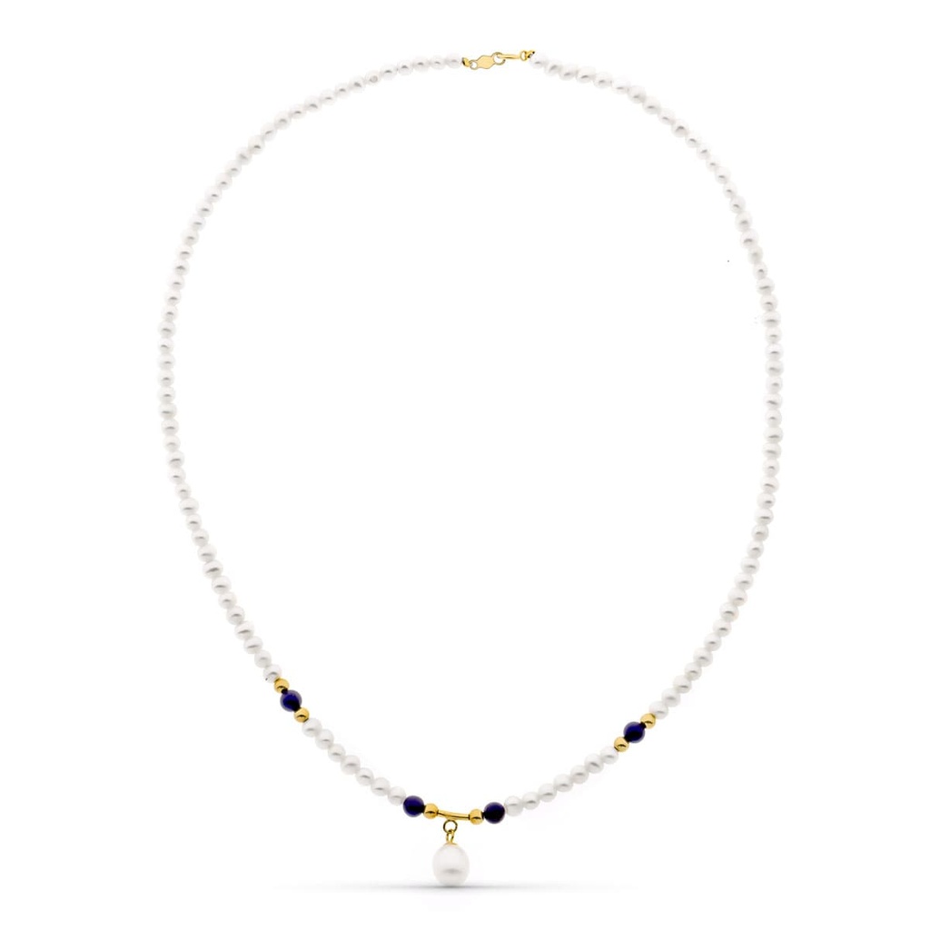 18K COLLAR ORO AMARILLO PERLA CONCHA NATURAL Y LAPIZLAZULI