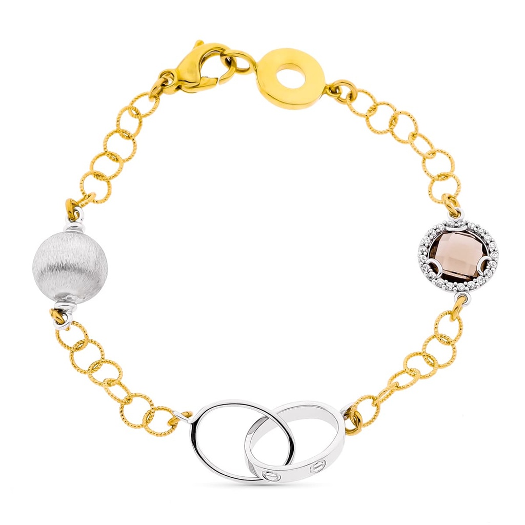 18K PULSERA ORO BICOLOR ESLABONES PIEDRA FUME. ANCHO 10 MM LARGO 19 CM