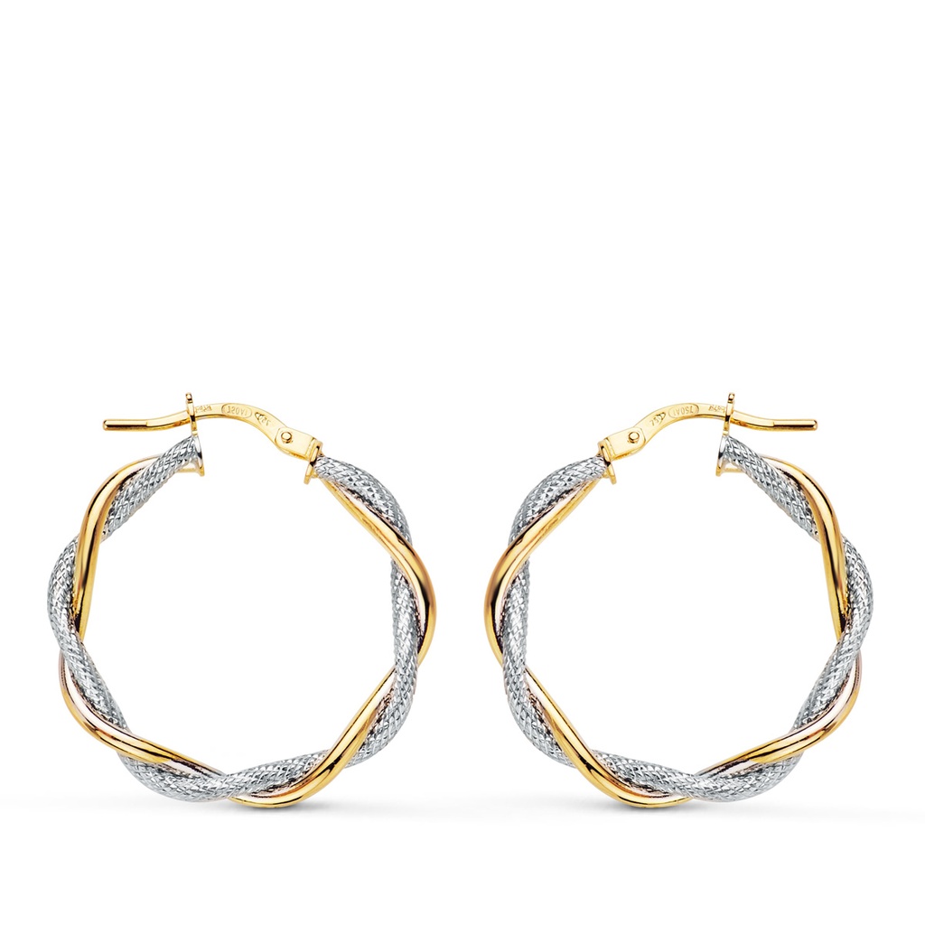 18K AROS ORO BICOLOR HUECOS DOBLES LISOS Y DIAMANTADOS 25 X 3 MM