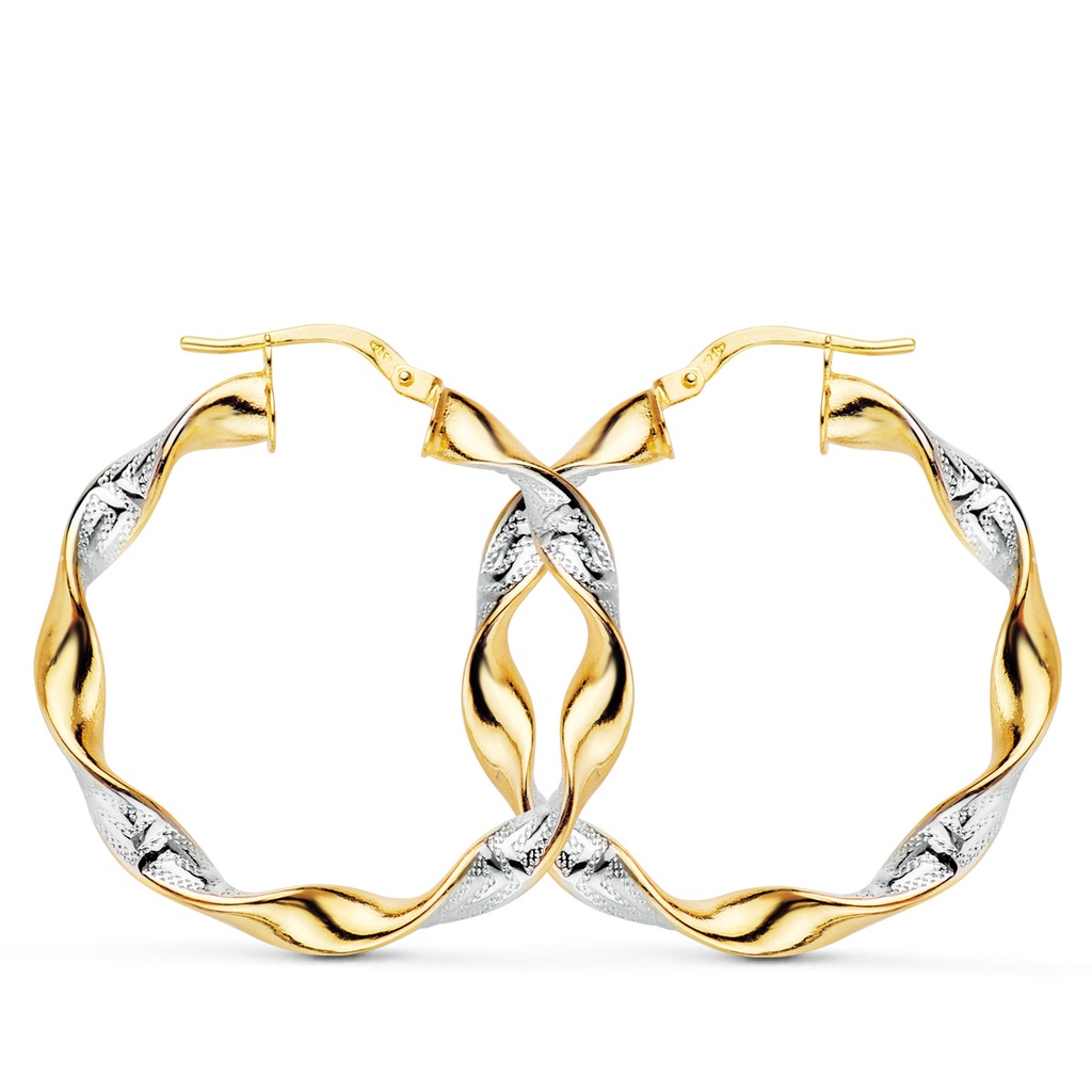 18K AROS ORO BICOLOR HUECOS TRENZADOS CON GRECA Y LISOS 33 X 4 MM