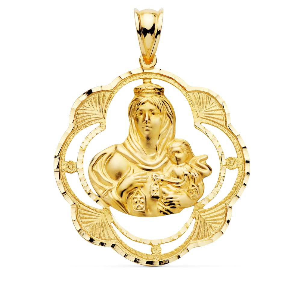 18K MEDALLA VIRGEN DEL CARMEN PANDERETA 38X34 MM