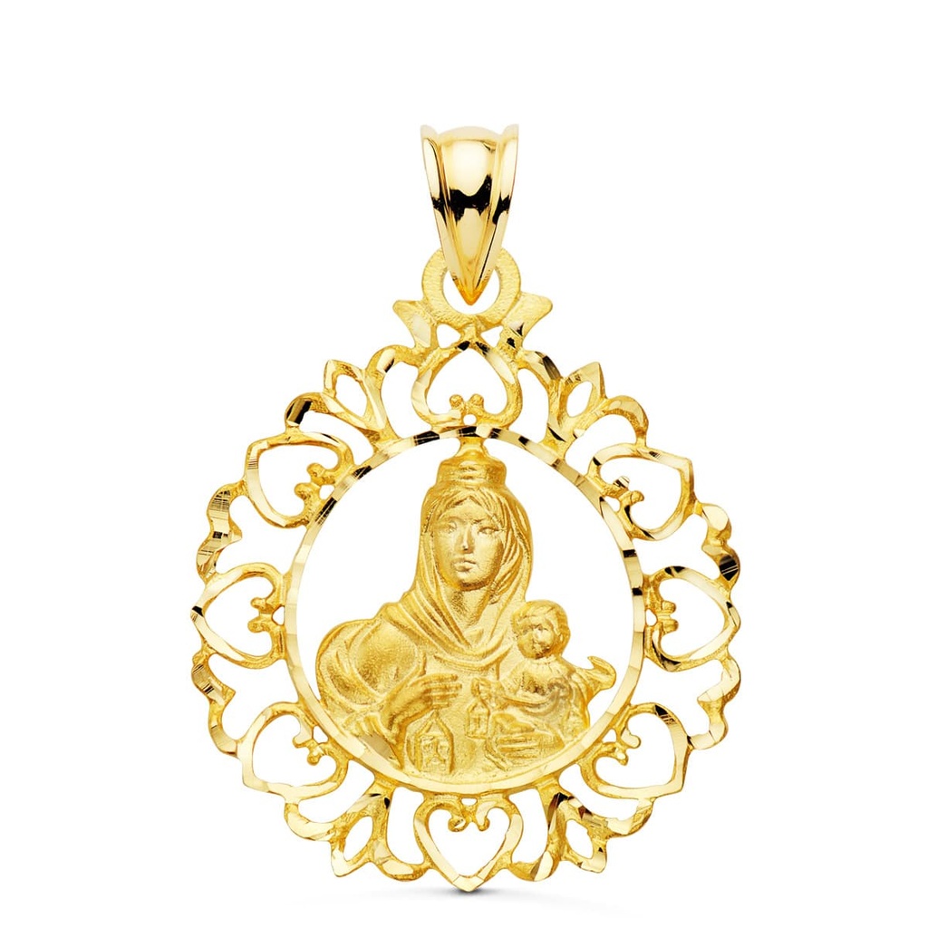18K MEDALLA VIRGEN DEL CARMEN CERCO ORLA CON CORAZONES 30X25 MM
