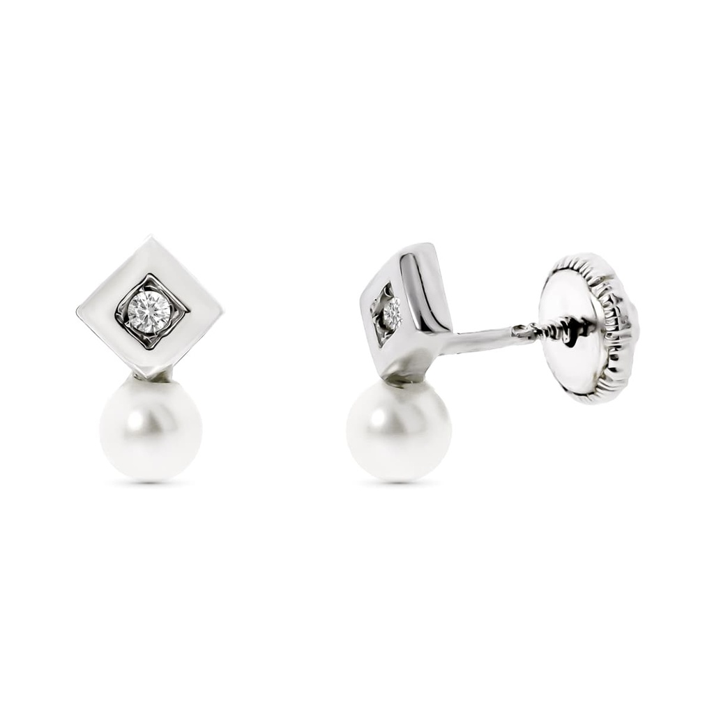 18K PENDIENTES ORO BLANCO CON DIAMANTES Y PERLA CIERRE ROSCA