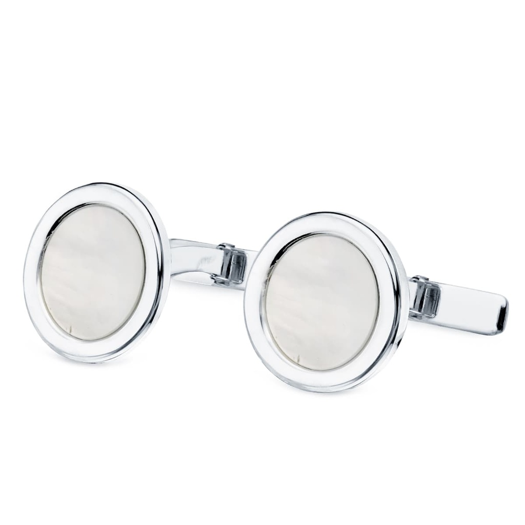 18K GEMELOS ORO BLANCO REDONDOS CON NACAR 15 MM CIERRE RIGIDO OSCILANTE