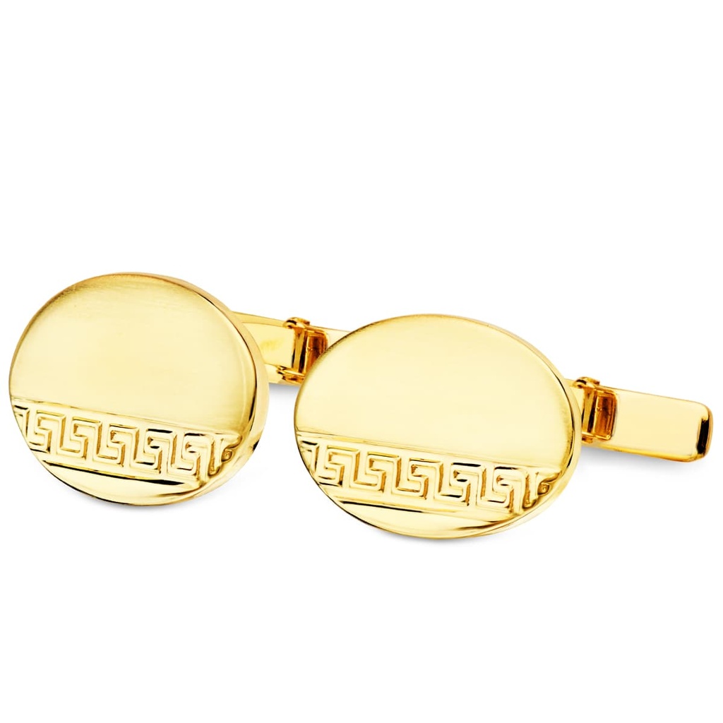 GEMELOS ORO AMARILLO OVAL GRECA MATE Y BRILLO 18X13 MM CIERRE RIGIDO OSCILANTE