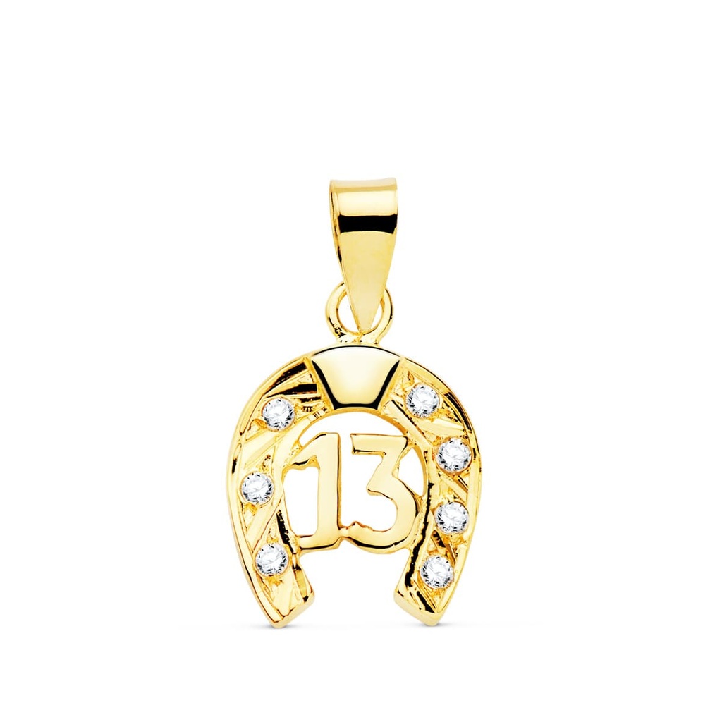 18K COLGANTE ORO AMARILLO HERRADURA CON CIRCONITAS Y Nº 13. 13X11 MM