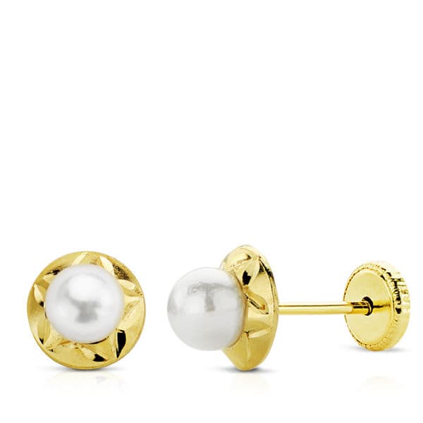 9K PENDIENTES ORLA TALLADA PERLA 4 MM DIAMETRO 6 MM