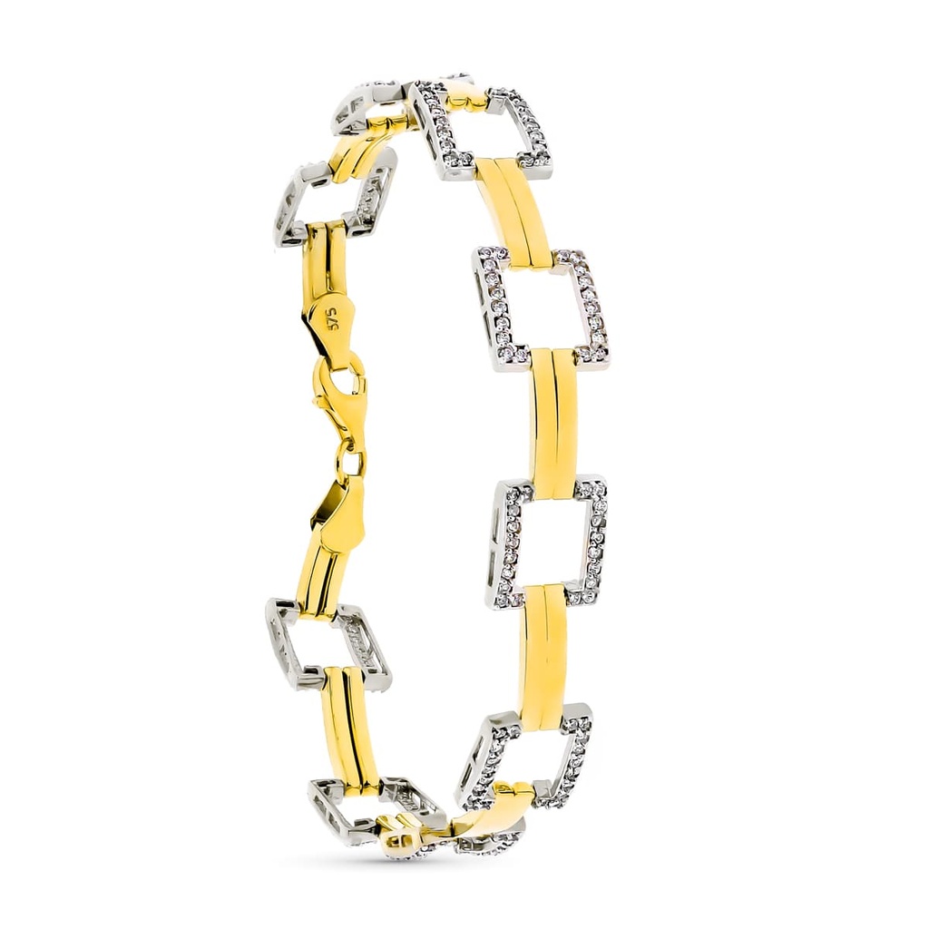 9K PULSERA ORO BICOLOR CUADRADOS Y CIRCONITAS 19 CM