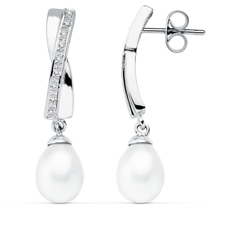 9K PENDIENTES ORO BLANCO PERLA 32X7 MM