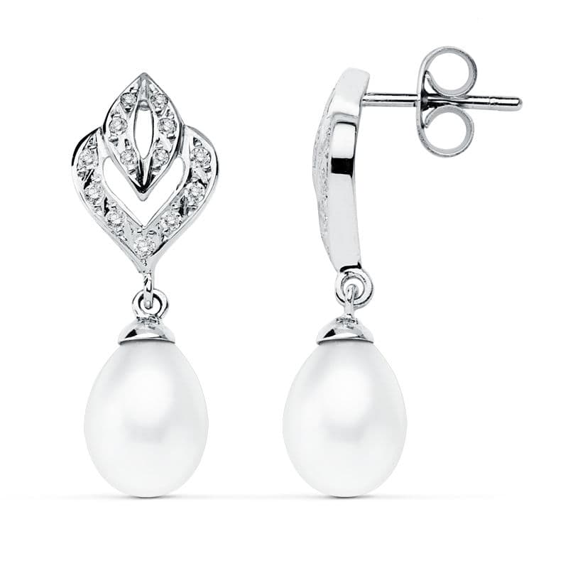 9K PENDIENTES ORO BLANCO PERLA 28X10 MM