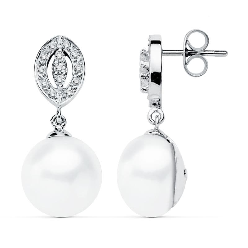 9K PENDIENTES ORO BLANCO PERLA 27X11 MM