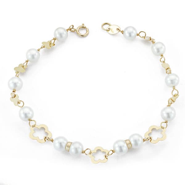 9K PULSERA ORO AMARILLO PERLA Y MOTIVOS. 17.5 CM