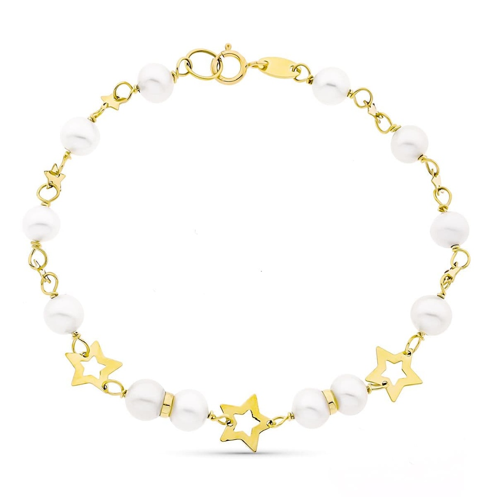 9K PULSERA ORO AMARILLO CON PERLA DE 5 MM Y ESTRELLAS CALADAS. 17 CM