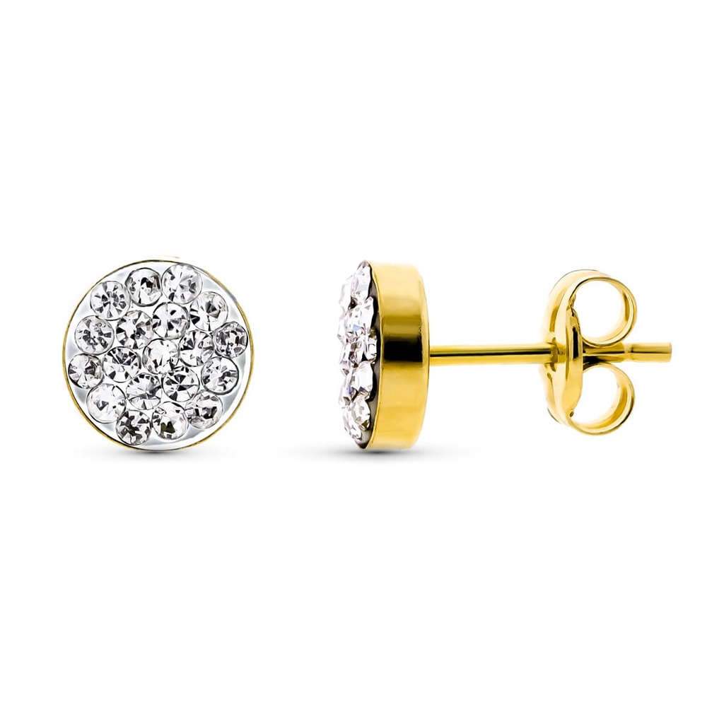 9K PENDIENTES ORO AMARILLO REDONDOS CON CIRCONITAS 6 MM CIERRE PRESION
