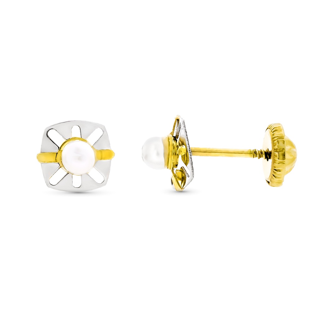 9K PENDIENTES ORO BICOLOR CALADOS CON PERLA 6X5 MM