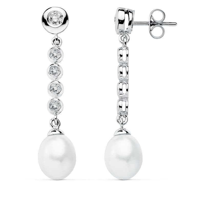 9K PENDIENTES ORO BLANCO PERLA 40X10 MM