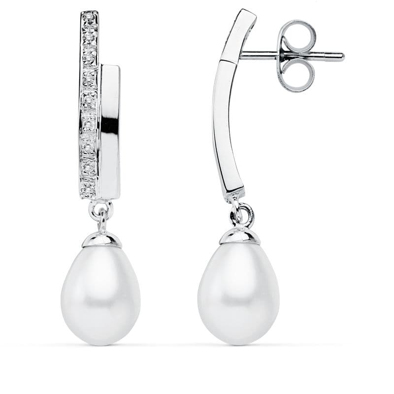 9K PENDIENTES ORO BLANCO PERLA 32X8 MM