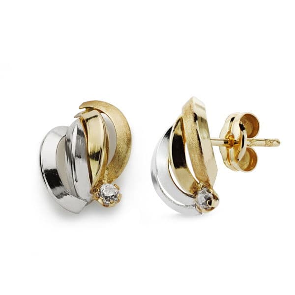 9K PENDIENTES ORO BICOLOR BANDAS CON CIRCONITAS 10X9 MM