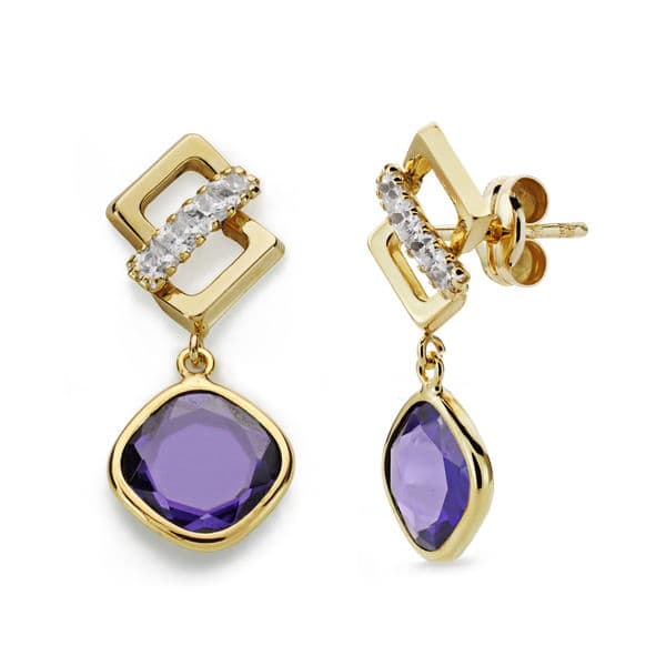 9K PENDIENTES PIEDRA AMATISTA Y CIRCONITAS 23X10 MM