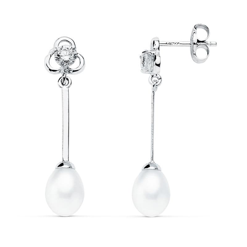 9K PENDIENTES LARGOS ORO BLANCO PERLA