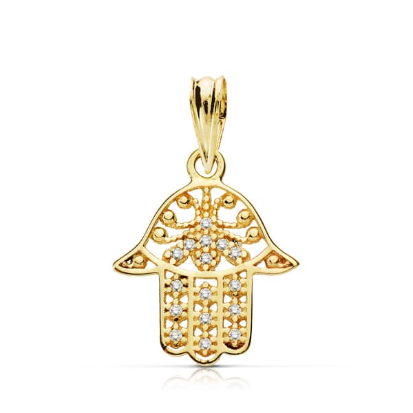 9K MANO FATIMA ORO AMARILLO CIRCONITAS 17X14 MM