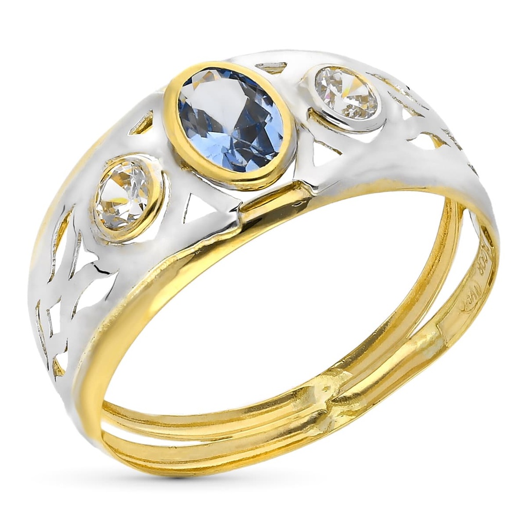 9K SORTIJA ORO BICOLOR CIRCONITA AGUAMARINA OVAL. ANCHO TOTAL 9 MM
