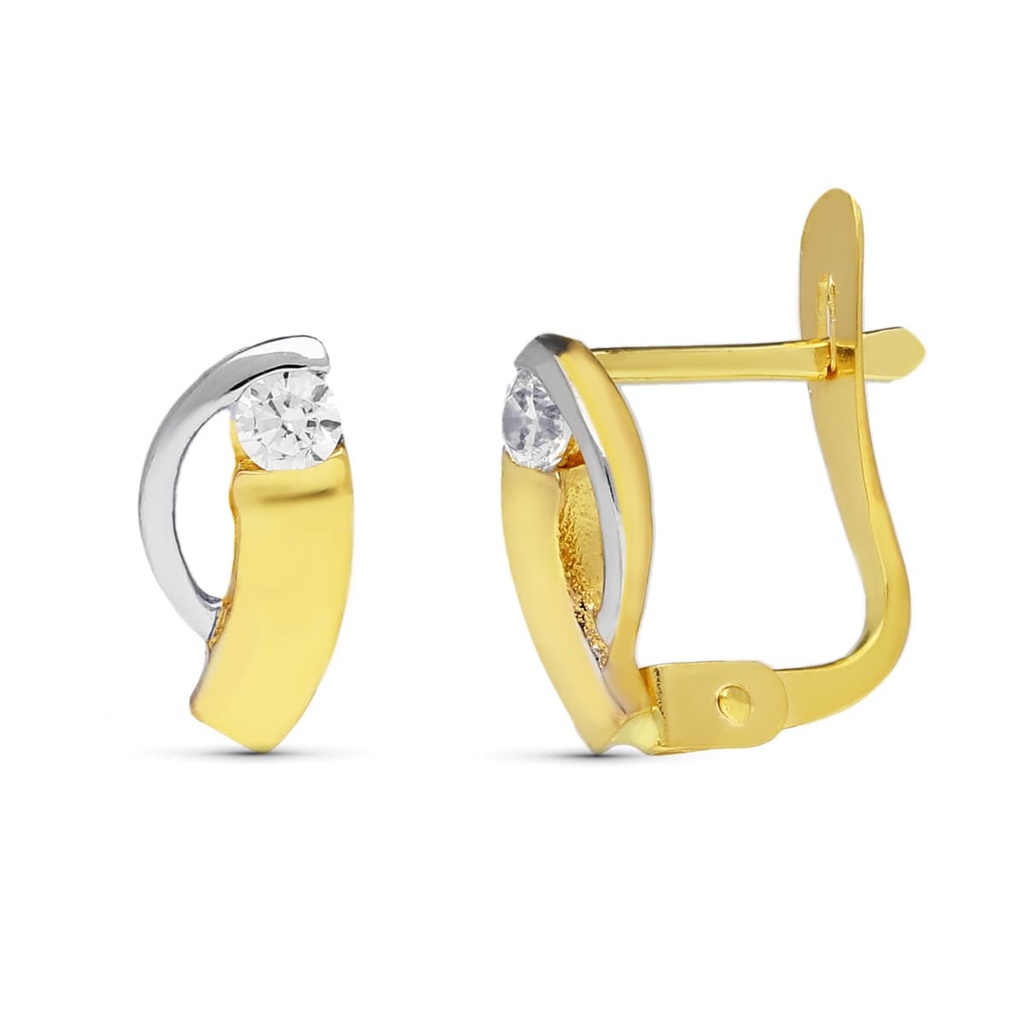 9K PENDIENTES ORO BICOLOR BANDAS CON CIRCONITAS 10X5 MM CIERRE CATALAN