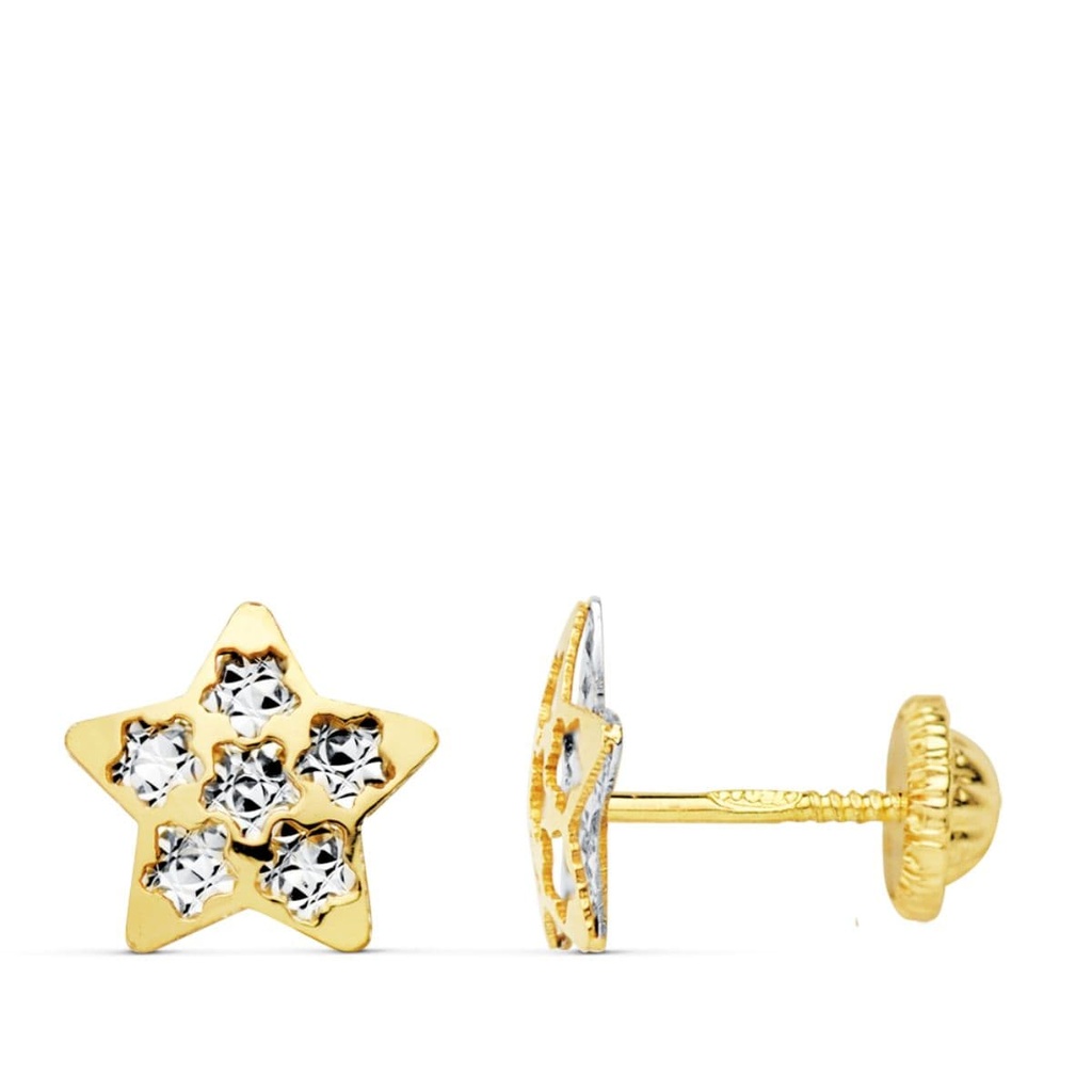 9K PENDIENTES ORO BICOLOR ESTRELLAS 8X8 MM