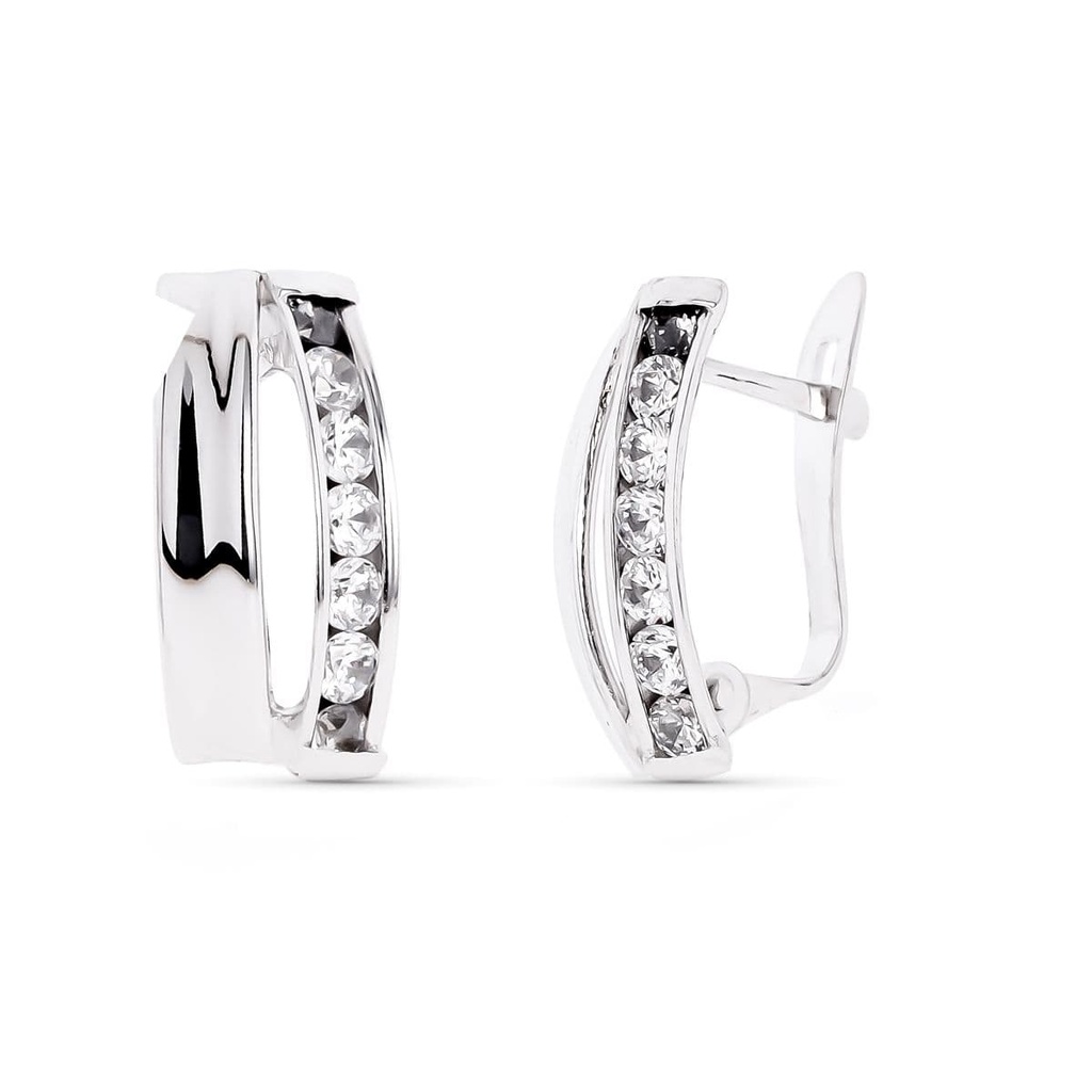 9K PENDIENTES ORO BLANCO BANDAS CON CIRCONITAS 14X7 MM CIERRE CATALAN