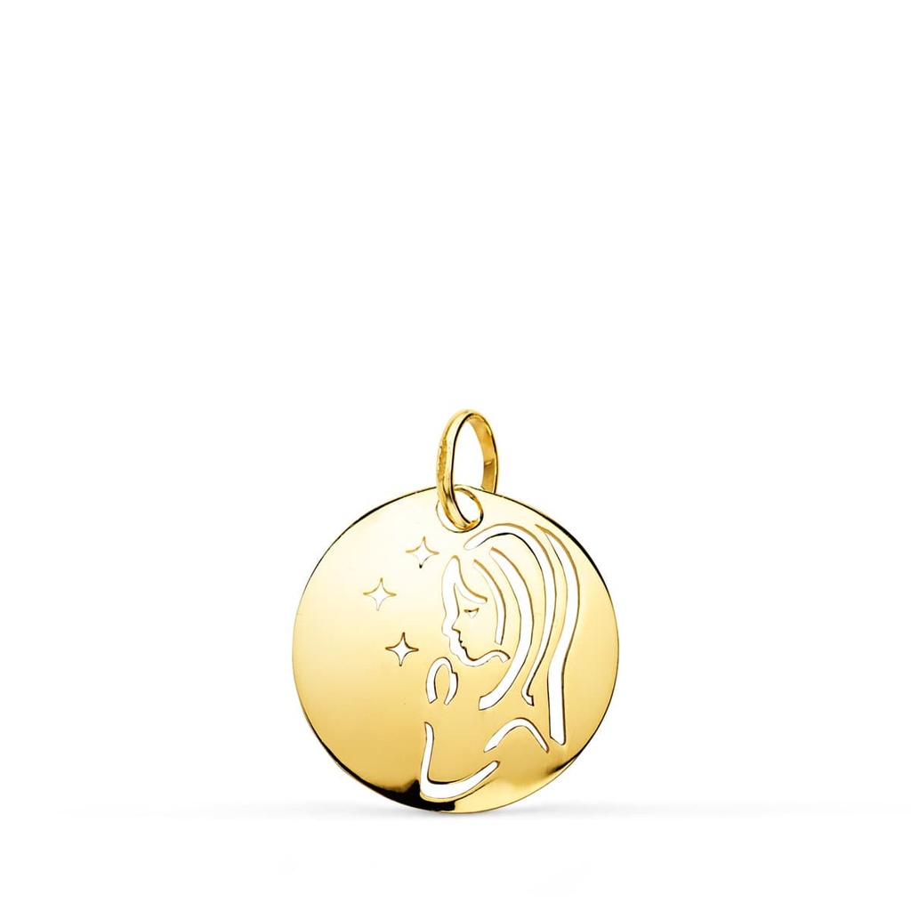 9K MEDALLA VIRGEN NIÑA ORO AMARILLO REDONDA CALADA TUMBO EN BRILLO 15 MM