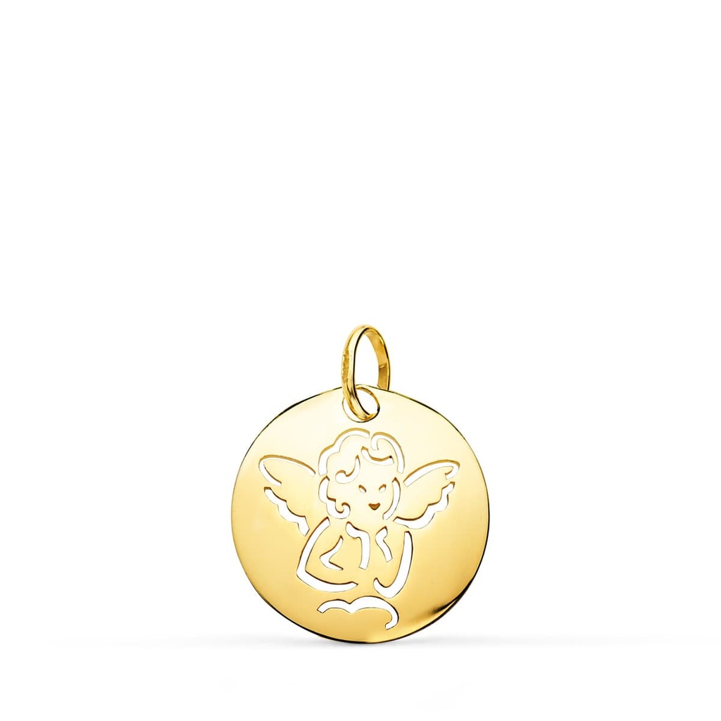 9K MEDALLA ANGELITO ORO AMARILLO REDONDA CALADA TUMBO EN BRILLO 15 MM
