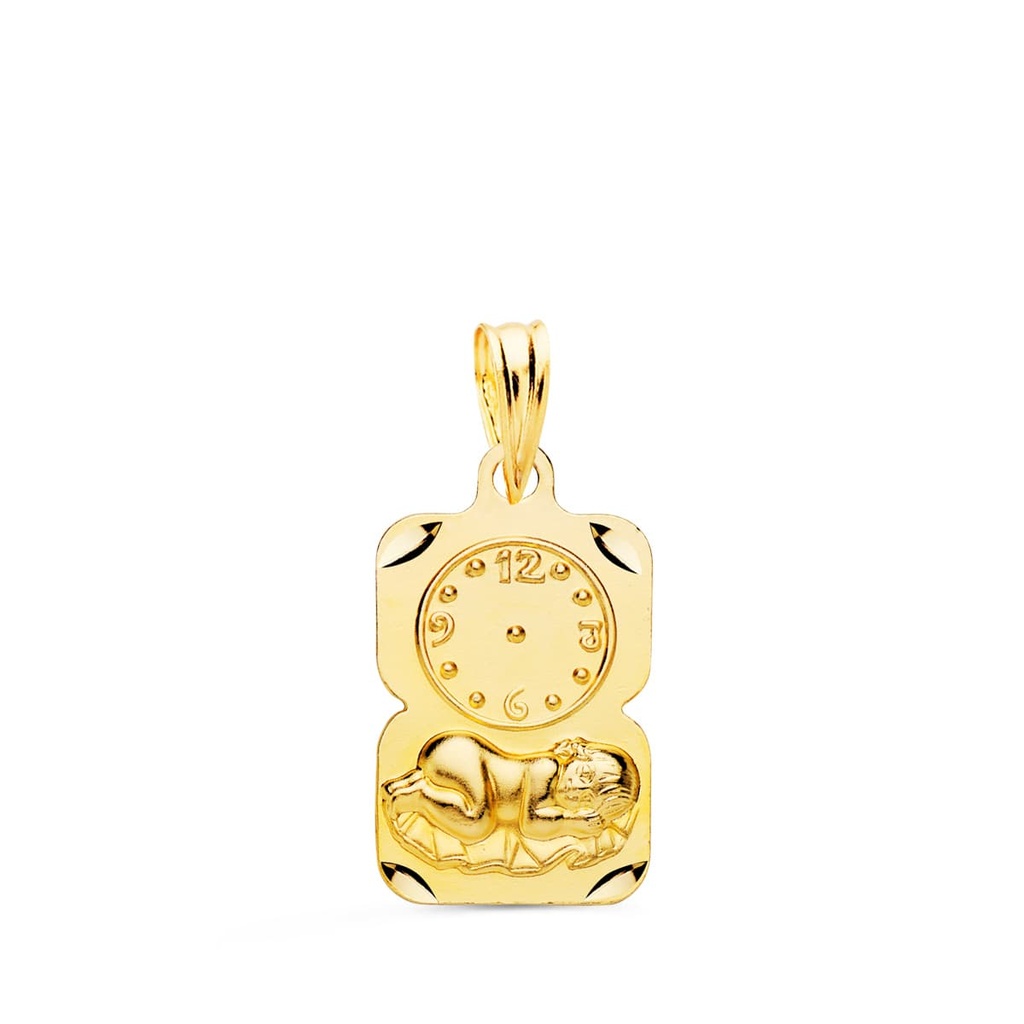 9K MEDALLA RECTANGULO NIÑO DE LA HORA CON RELOJ TALLADA 19X11 MM