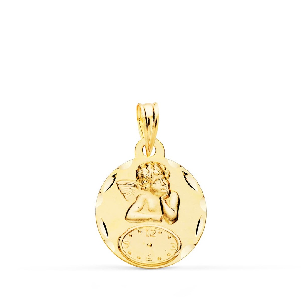 9K MEDALLA REDONDA ANGELITO BURLON CON RELOJ TALLADA 15 MM