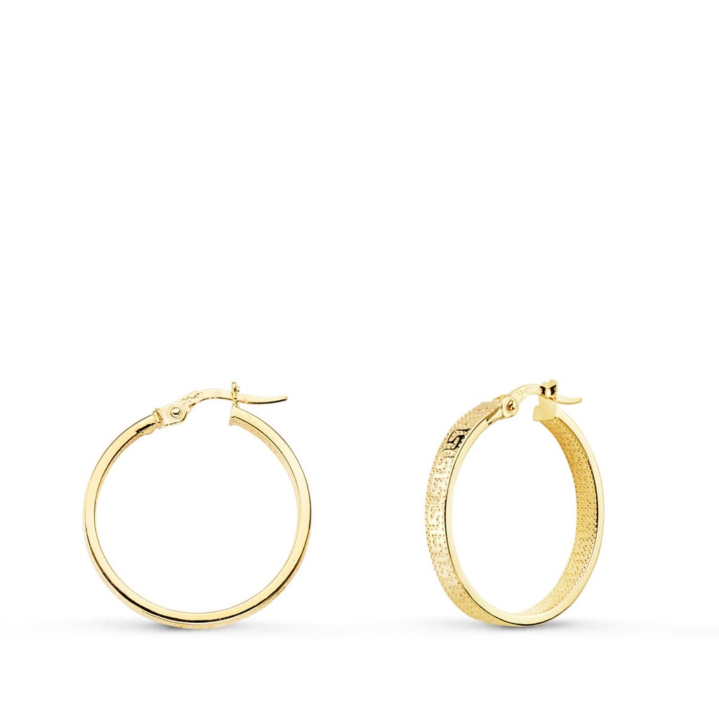 9K PENDIENTES ARO HUECOS CON GRECA 23 MM TUBO RECTANGULAR 23 MM X 4MM