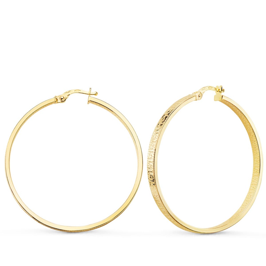 9K AROS ORO AMARILLO HUECOS CON GRECA 39 MM TUBO RECTANGULAR 3X1.2 MM