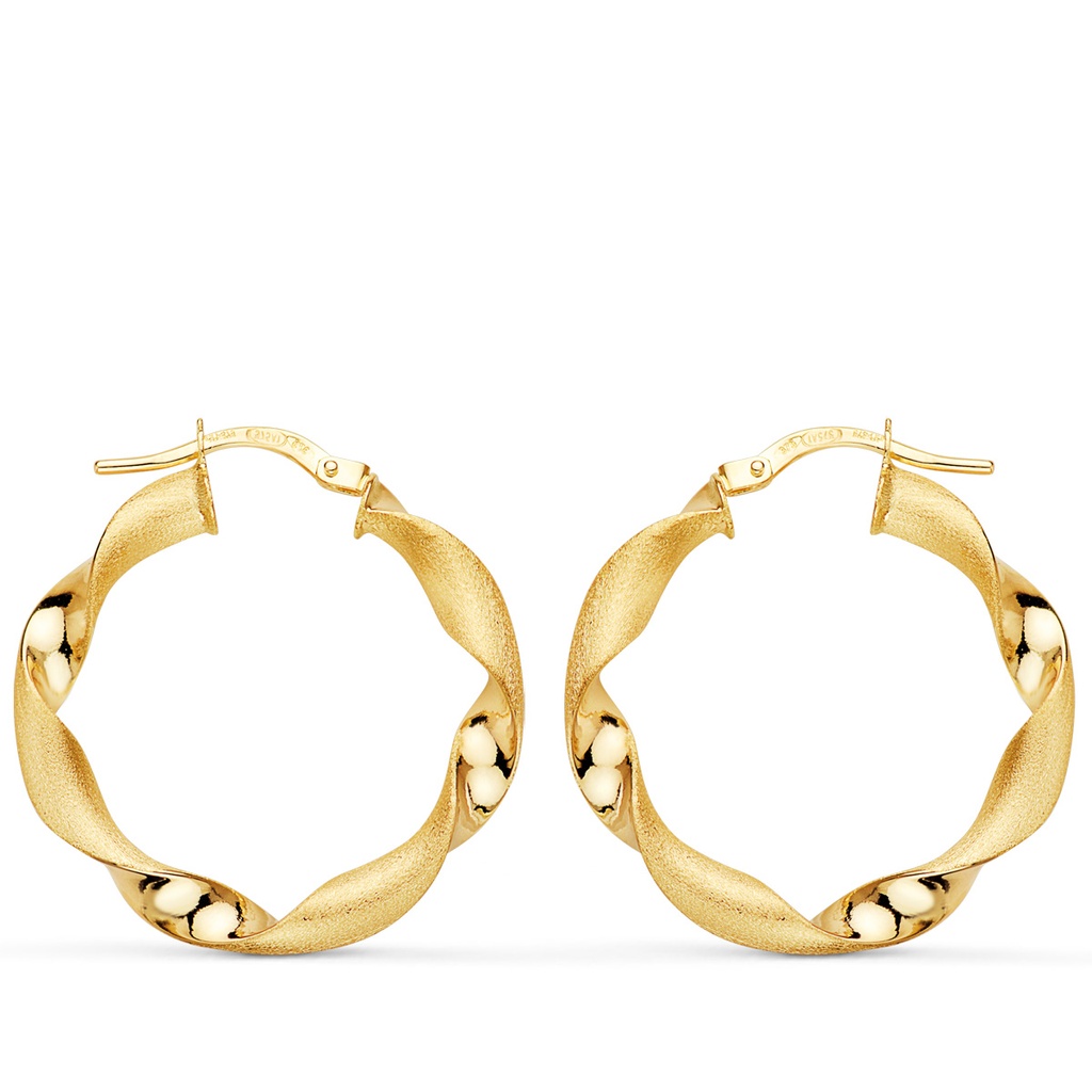 9K AROS ORO AMARILLO HUECOS RETORCIDOS MATE Y BRILLO 26 MM x3.75 MM